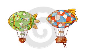 Hot Air Balloons or Dirigibles, Buoyant Aircraft Filled With Heated Air, Enabling Them To Ascend. Cartoon Illustration