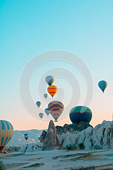 Hot air balloons and fairy chimneys in Cappadocia Turkey