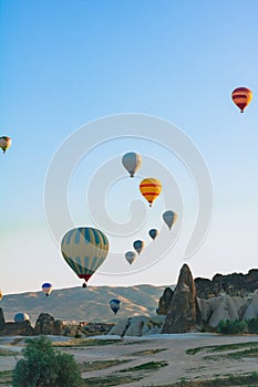 Hot air balloons and fairy chimneys in Cappadocia Turkey