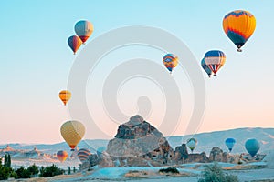 Hot air balloons and fairy chimneys in Cappadocia Turkey