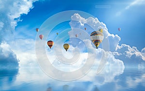 Hot air balloons fly in blue sky