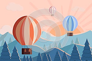 Hot air balloons fly at dawn in the mountains. Vector illustration of mountain Landscape and sunrise sunset