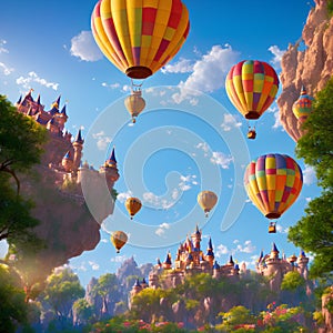 Hot air balloons flying colorful background castles in distance