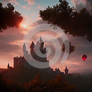 Hot air balloons flying colorful background evening dramatic