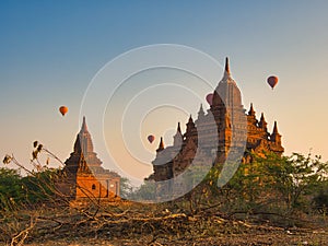 Hot air balloons flying in the morning at  Bagan, Myanmar