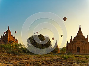 Hot air balloons flying in the morning at  Bagan, Myanmar