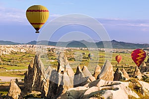 Hot air balloons flying over Cappadocia, Turkey