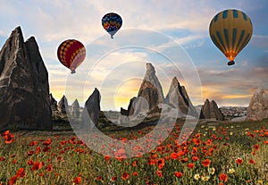 Hot air balloons flying over Cappadocia, Turkey