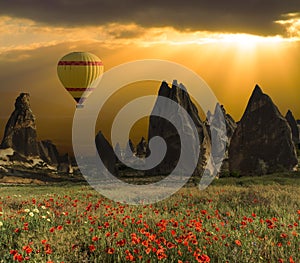 Hot air balloons flying over Cappadocia, Turkey