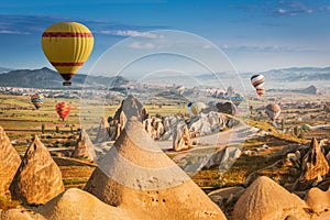 Hot air balloons flying over Cappadocia, Turkey