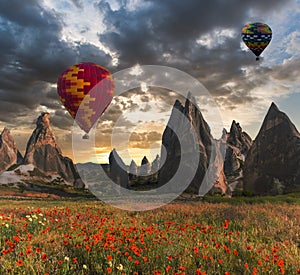 Hot air balloons flying over Cappadocia, Turkey