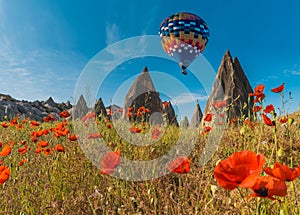 Hot air balloons flying over Cappadocia, Turkey