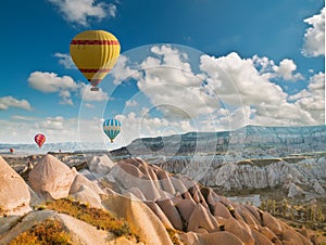 Hot air balloons flying over Cappadocia, Turkey