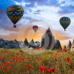 Hot air balloons flying over Cappadocia, Turkey