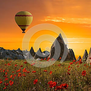 Hot air balloons flying over Cappadocia, Turkey