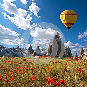 Hot air balloons flying over Cappadocia, Turkey