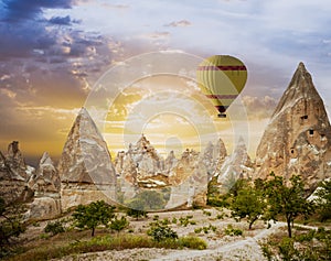 Hot air balloons flying over Cappadocia, Turkey