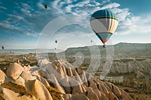 Hot air balloons flying over Cappadocia, Turkey