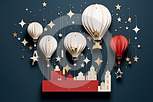 Hot air balloons flying over the city. Paper art style. Vector illustration. Generative AI