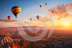Hot Air Balloons Flying Over Cliff and Rocky Fields in Cappadocia Turkey at Sunset