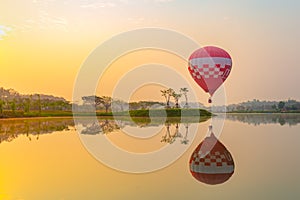 Hot air balloons flying over Flower field with sunrise at Chiang Rai Province, Thailand