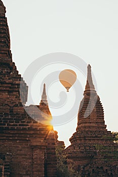 Hot Air balloons flying over the pagoda at Bagan temple complex, Myanmar