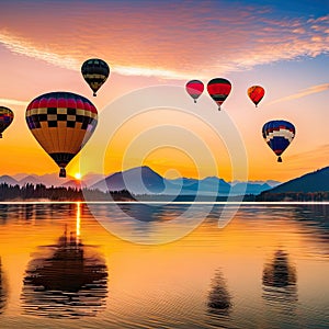 Hot air balloons flying over a still lake