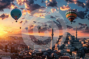 Hot air balloons flying into sunset over modern city buildings Ai photo