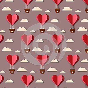 Hot air balloons hearts pattern background illustration. Cut paper effect.