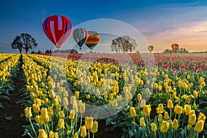 Hot air balloons hovering over tulips