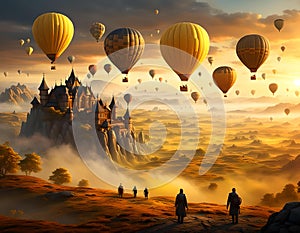 Hot air balloons in an old landscape at dawn