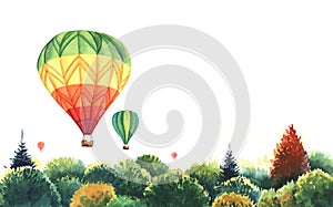 Hot air balloons over autumn forest. multicolors balloons fly overe tops of trees