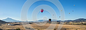 Hot air balloons over fields with Mt. Shasta