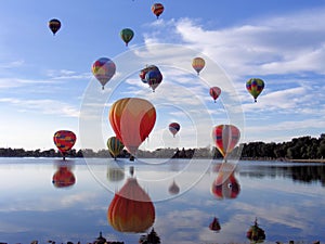 Hot Air Balloons Over Lake