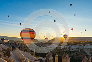 Hot Air Balloons Over Love Valley in Cappadocia, Turkey at Dawn