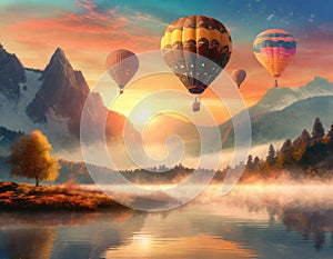 Hot air balloons over misty mountain lake at sunrise