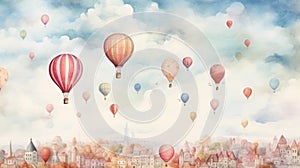 Hot air balloons over old town cloudy skies. Wall art wallpaper
