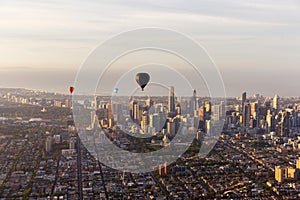 Hot Air Balloons Passing By Melbourne CBD At Dawn