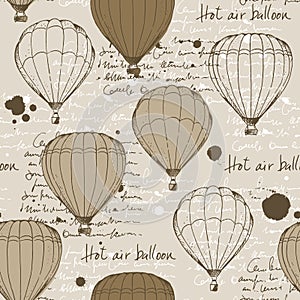 Hot air balloons retro pattern, vintage vector background, hand drawn aerostat