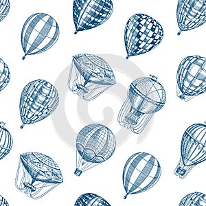 Hot Air Balloons seamless pattern. Vector retro flying airships. Template transport for Romantic background. Hand drawn