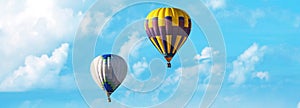 Hot air balloons in sky with clouds. Banner design