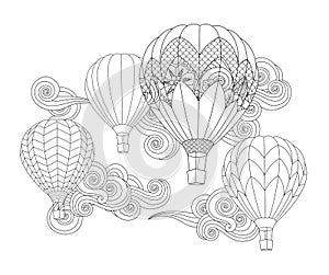 Hot air balloons in the sky. Zentangle inspired doodle style isolated on white.