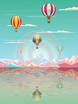 Hot Air balloons skyward, Sea, Mountain reflection Sunset Landscape
