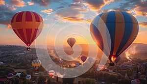 Hot air balloons soar over city at sunset in a picturesque sky