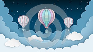 Hot air balloons, stars and clouds on the dark night sky background. Night scene background. Paper craft style. Vector.