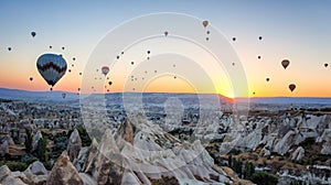 Hot air balloons between the texture of rocks in cappadoccia at sunrise