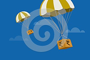 Hot air balloons transporting boxes with Indian Rupee