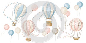 Hot Air Balloons watercolor set. Hand drawn illustration with retro aerostats for Baby Shower in pastel blue and beige