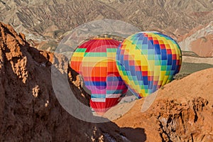 Hot air balloons in Zhangye Danxia National Geopark, Gansu Province, Chi