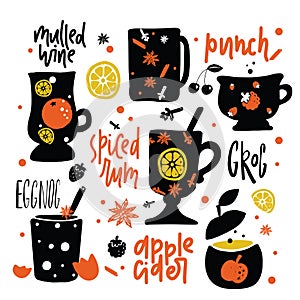 Hot alcohol drinks. Hand drawn lettering and Illustration of different cups and glasses with the name of drinks. Mulled wine,